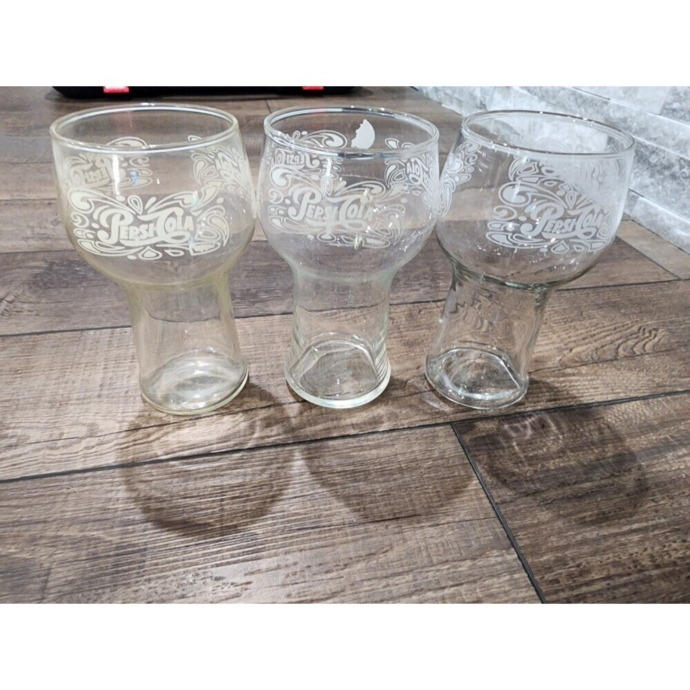 Vintage Pepsi Cola Glass Tumbler 16 Ounce Set of  3 White on Clear Glass 6" READ
